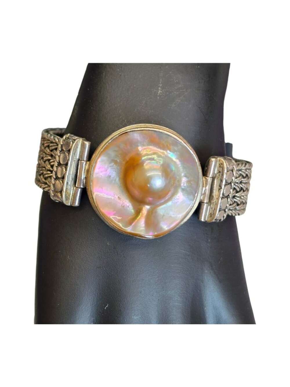Sterling Silver Bracelet Iridescent Mabe Blister Pearl Centerpiece Woven Chain